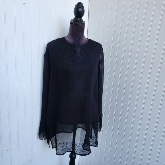 I.G. Sport Black Airy Sheer Polyester Gauze Tunic Top Embroidery Blouse India XL - Picture 1 of 11